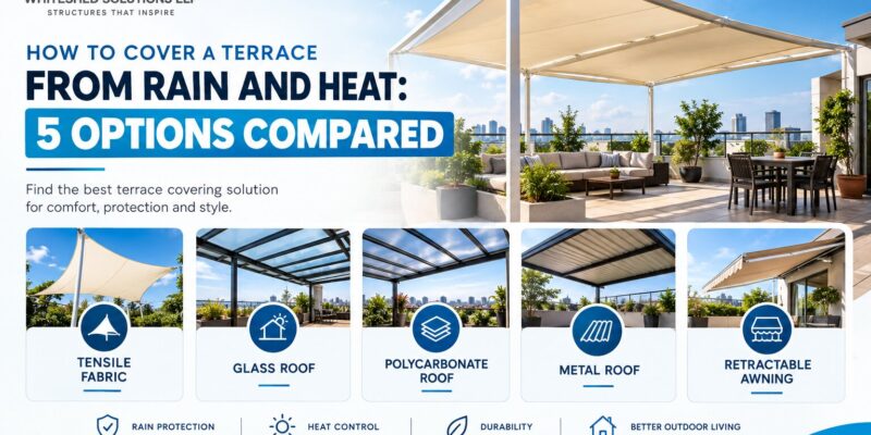 Terrace covered with a tensile membrane structure to keep out rain and heat