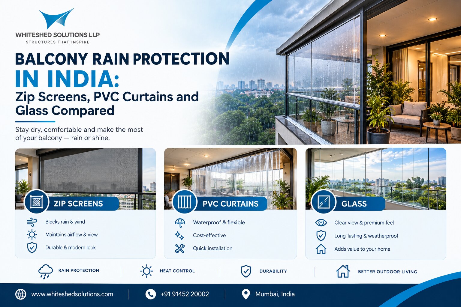 Balcony Rain Protection in India: Zip Screens, PVC Curtains and Glass Compared